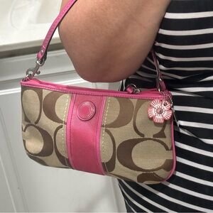 Coach Pink and Brown Signature Wristlet (#10x6)